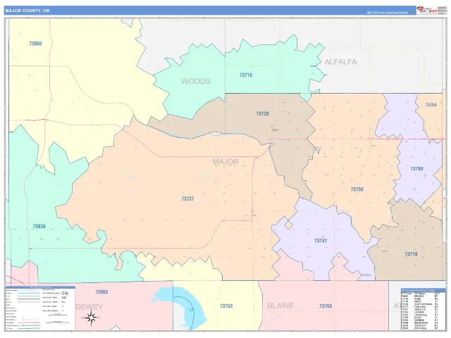 Major County, OK ZIP Code Wall Map, ColorCast style