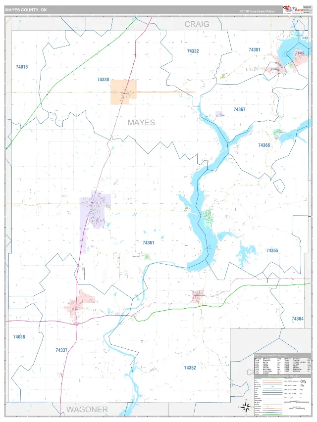 Mayes County, OK ZIP Code Wall Map, Classic style
