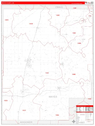 Mayes County, OK RedLine style ZIP Code wall map