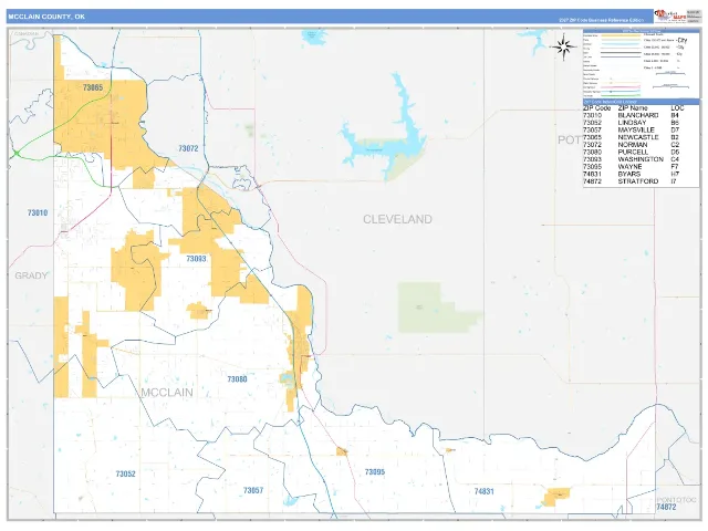 McClain County, OK ZIP Code Wall Map, Business Reference style