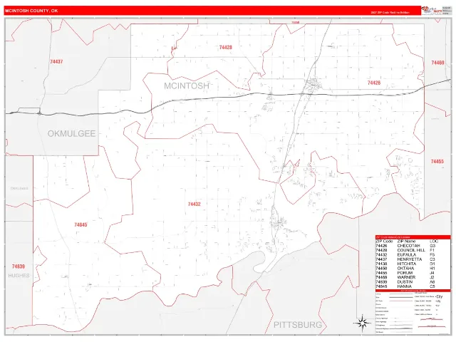 McIntosh County, OK ZIP Code Wall Map, RedLine style