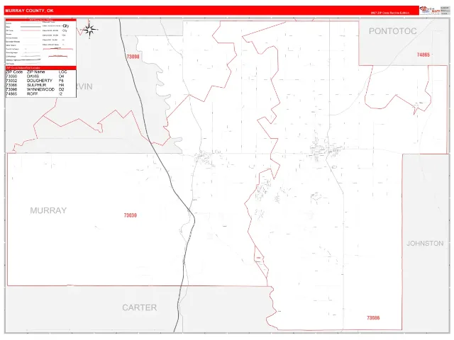 Murray County, OK ZIP Code Wall Map, RedLine style
