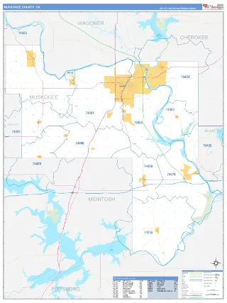 Muskogee County, OK Business Reference style ZIP Code wall map