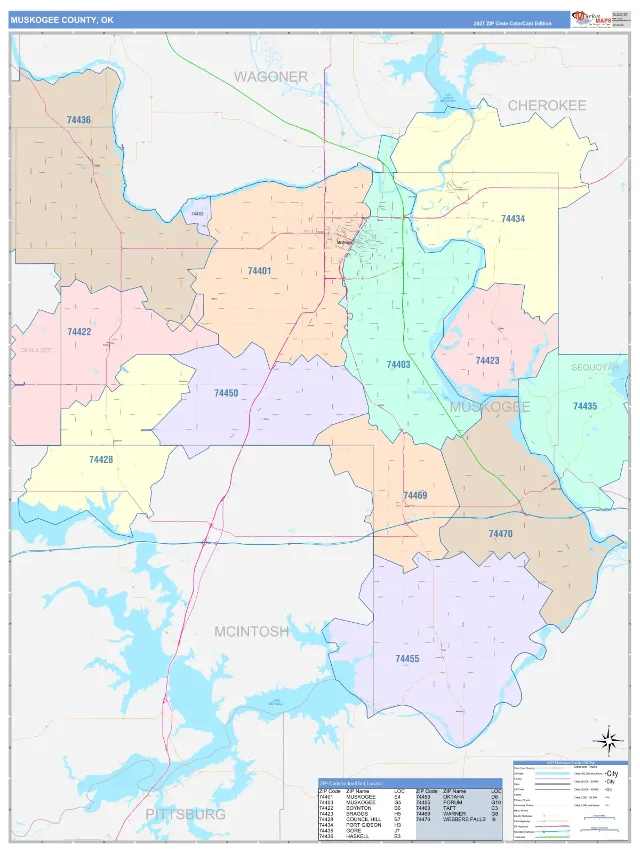 Muskogee County, OK ZIP Code Wall Map, ColorCast style