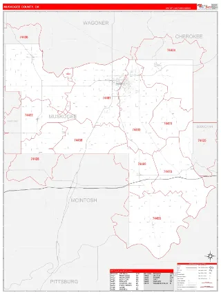 Muskogee County, OK RedLine style ZIP Code wall map
