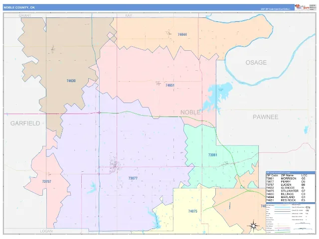 Noble County, OK ZIP Code Wall Map, ColorCast style