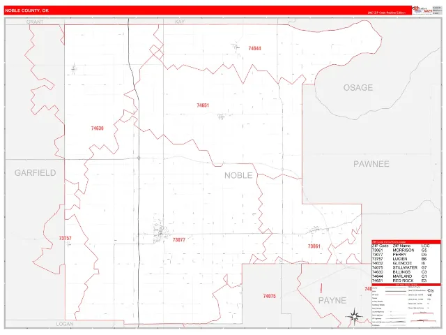 Noble County, OK ZIP Code Wall Map, RedLine style