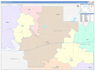 Okfuskee County, OK ColorCast style ZIP Code wall map