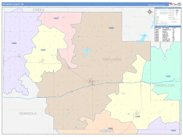 Okfuskee County, OK ZIP Code Wall Map, ColorCast style
