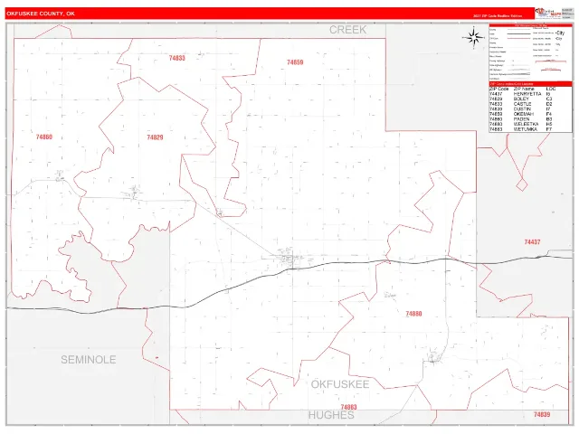 Okfuskee County, OK ZIP Code Wall Map, RedLine style