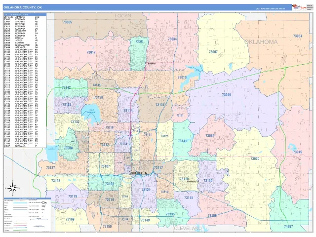 Oklahoma County, OK ZIP Code Wall Map, ColorCast style