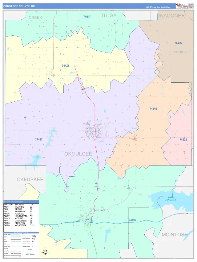 Okmulgee County, OK ZIP Code Wall Map, ColorCast style