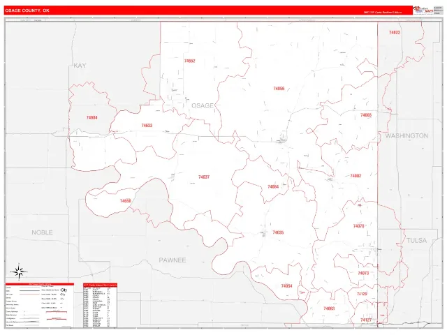 Osage County, OK ZIP Code Wall Map, RedLine style