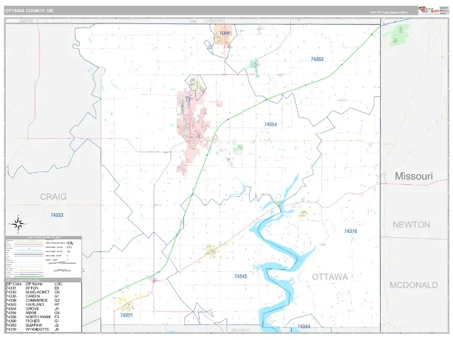 Ottawa County, OK ZIP Code Wall Map, Classic style