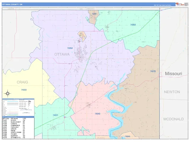 Ottawa County, OK ZIP Code Wall Map, ColorCast style