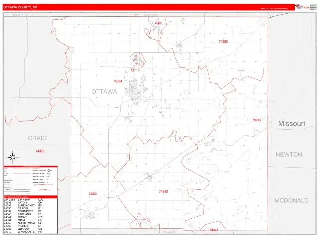 Ottawa County, OK ZIP Code Wall Map, RedLine style