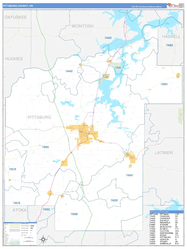 Pittsburg County, OK ZIP Code Wall Map, Business Reference style