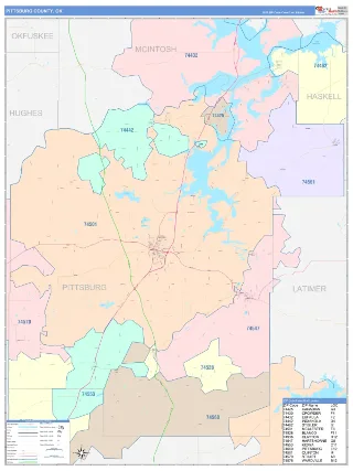 Pittsburg County, OK ColorCast style ZIP Code wall map