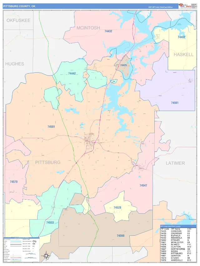Pittsburg County, OK ZIP Code Wall Map, ColorCast style