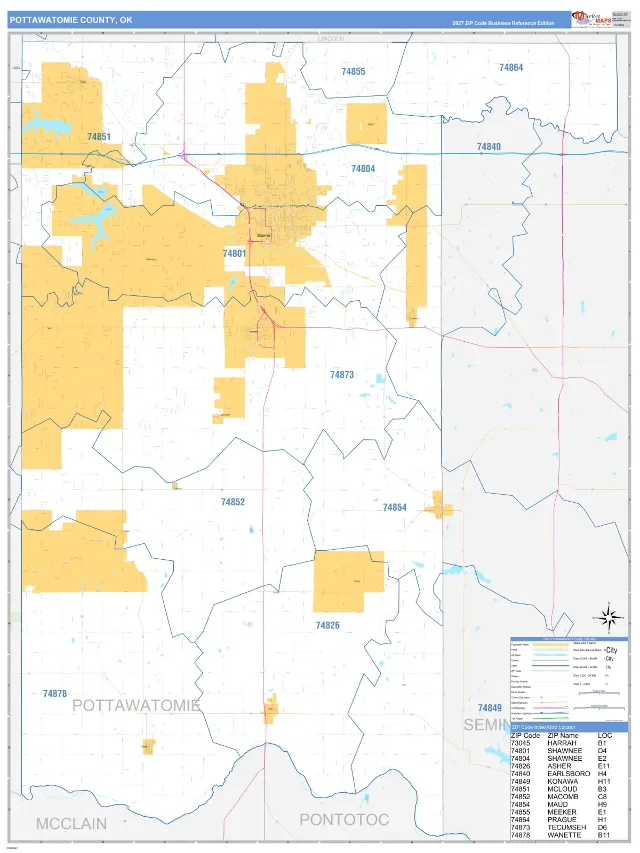 Pottawatomie County, OK ZIP Code Wall Map, Business Reference style
