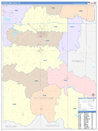 Pottawatomie County, OK ColorCast style ZIP Code wall map