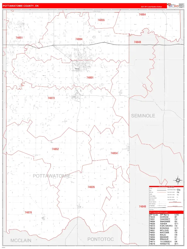 Pottawatomie County, OK ZIP Code Wall Map, RedLine style