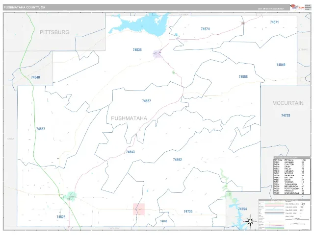 Pushmataha County, OK ZIP Code Wall Map, Classic style