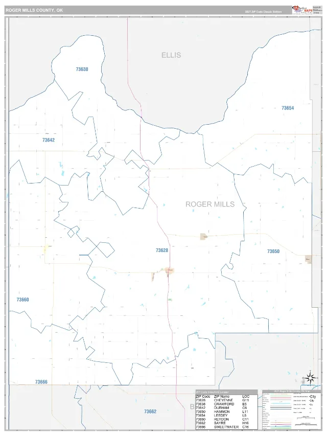 Roger Mills County, OK ZIP Code Wall Map, Classic style