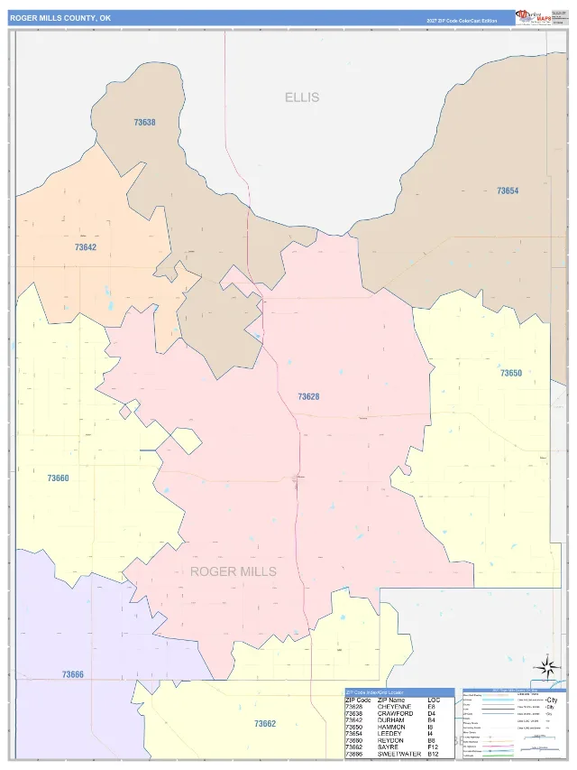 Roger Mills County, OK ZIP Code Wall Map, ColorCast style