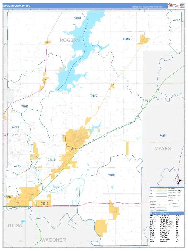 Rogers County, OK ZIP Code Wall Map, Business Reference style