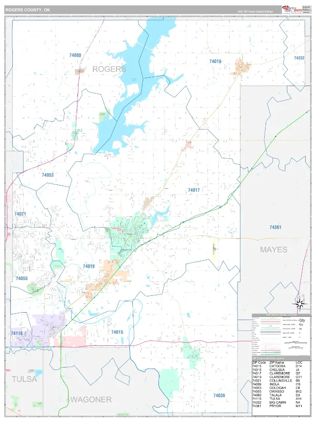 Rogers County, OK ZIP Code Wall Map, Classic style