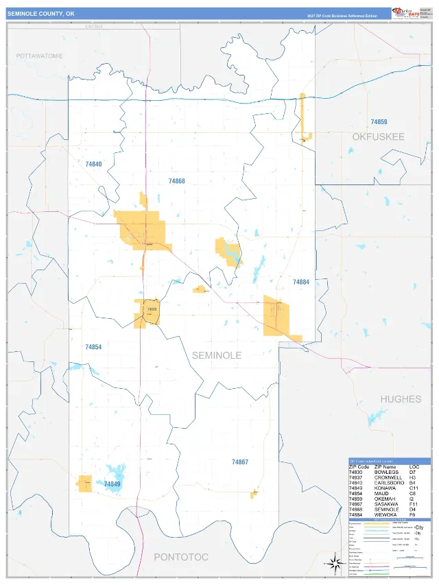 Seminole County, OK ZIP Code Wall Map, Business Reference style