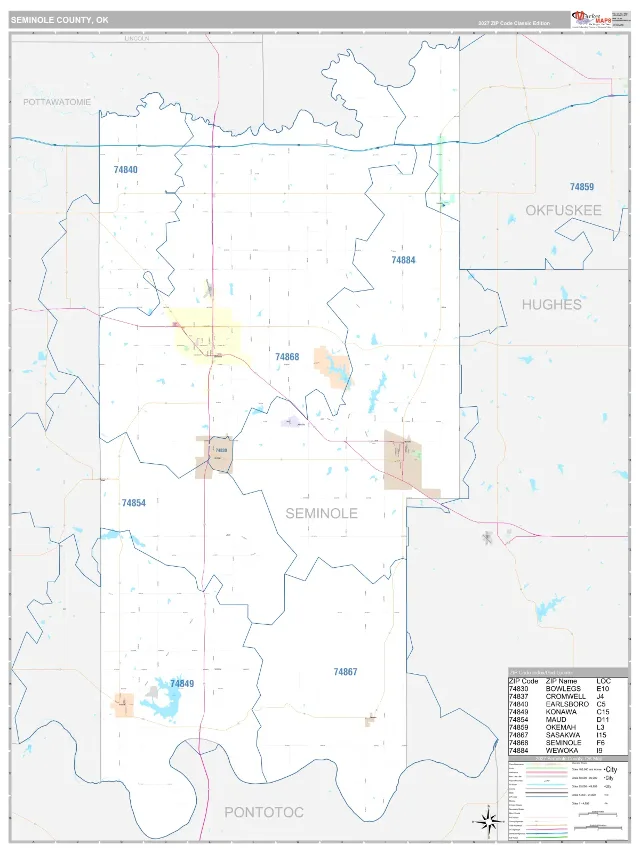 Seminole County, OK ZIP Code Wall Map, Classic style