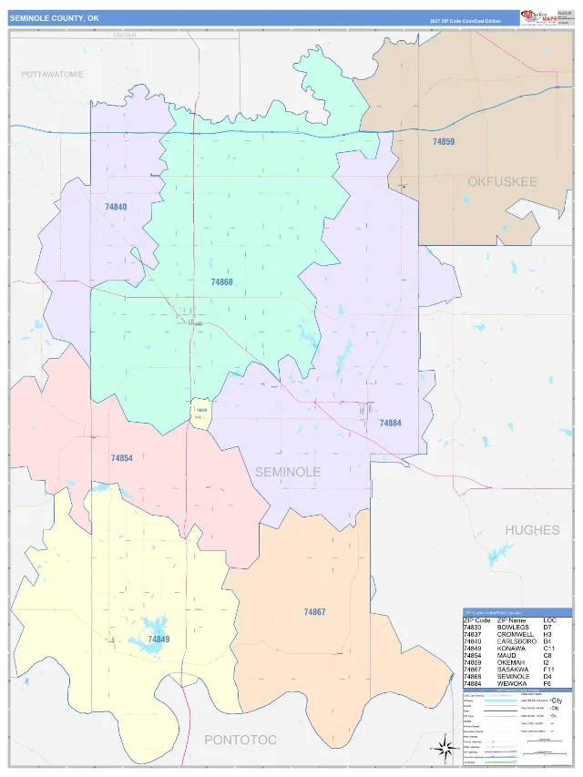 Seminole County, OK ZIP Code Wall Map, ColorCast style