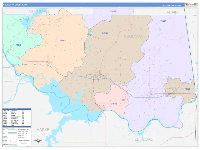 Sequoyah County, OK ZIP Code Wall Map, ColorCast style