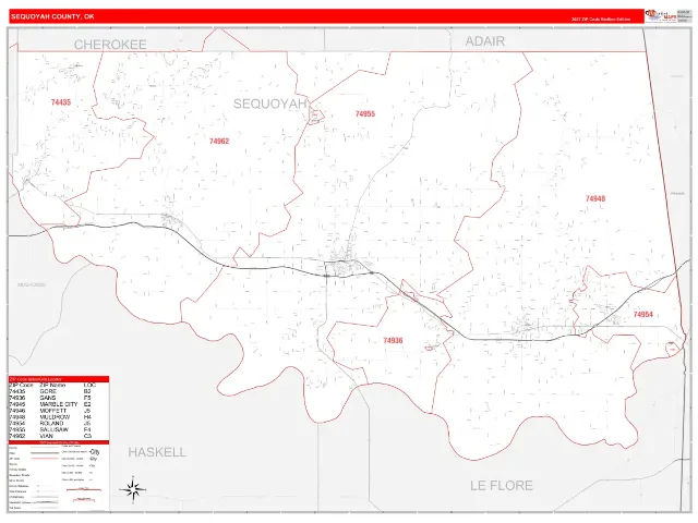 Sequoyah County, OK ZIP Code Wall Map, RedLine style