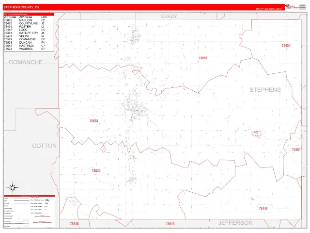 Stephens County, OK ZIP Code Wall Map, RedLine style