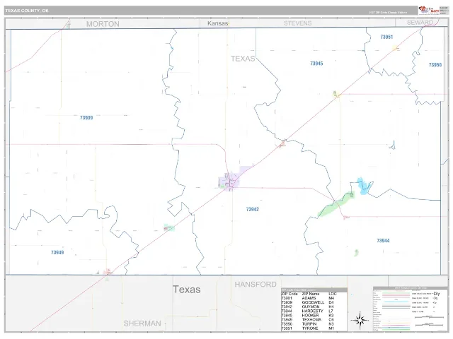Texas County, OK ZIP Code Wall Map, Classic style