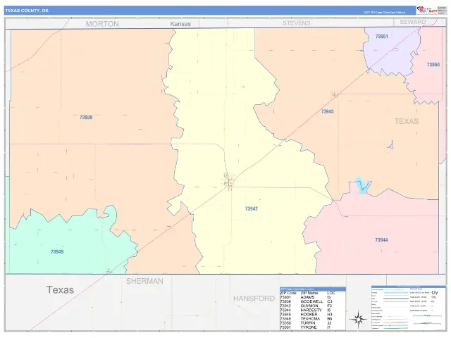 Texas County, OK ZIP Code Wall Map, ColorCast style