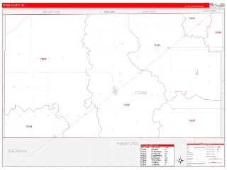 Texas County, OK RedLine style ZIP Code wall map