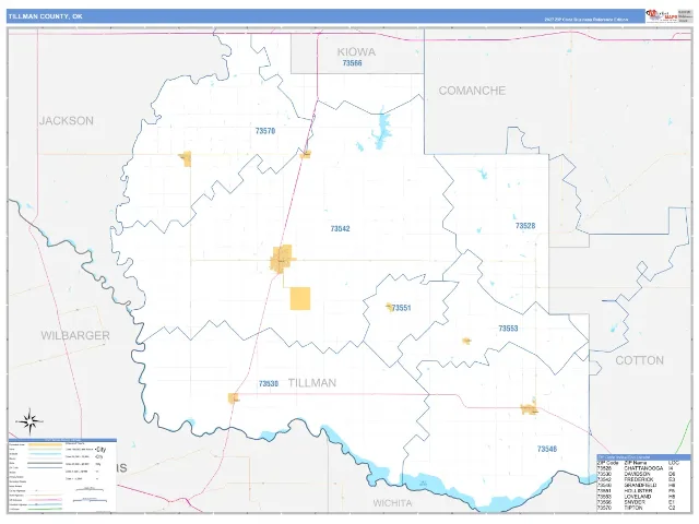 Tillman County, OK ZIP Code Wall Map, Business Reference style