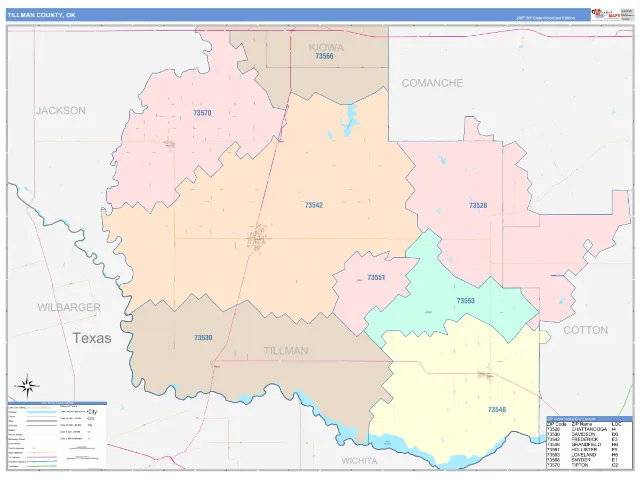 Tillman County, OK ZIP Code Wall Map, ColorCast style