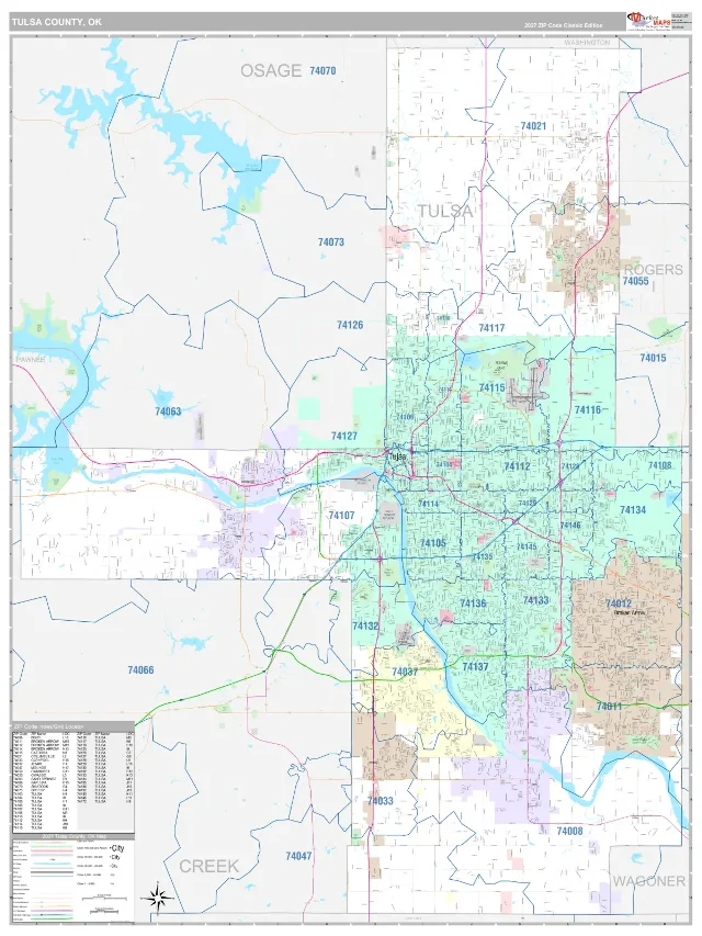 Tulsa County, OK ZIP Code Wall Map, Classic style