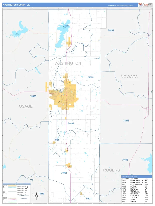 Washington County, OK ZIP Code Wall Map, Business Reference style