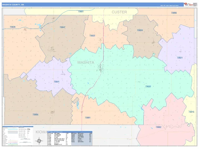 Washita County, OK ZIP Code Wall Map, ColorCast style