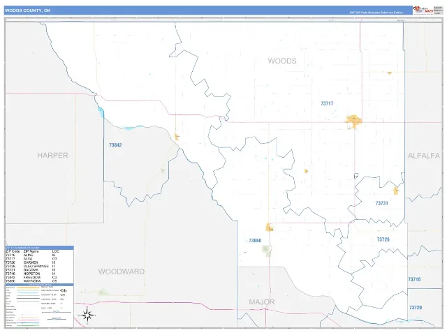 Woods County, OK ZIP Code Wall Map, Business Reference style