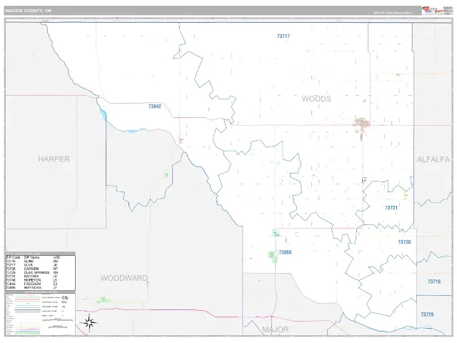 Woods County, OK ZIP Code Wall Map, Classic style
