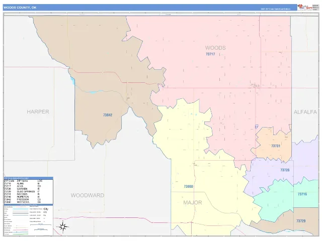 Woods County, OK ZIP Code Wall Map, ColorCast style