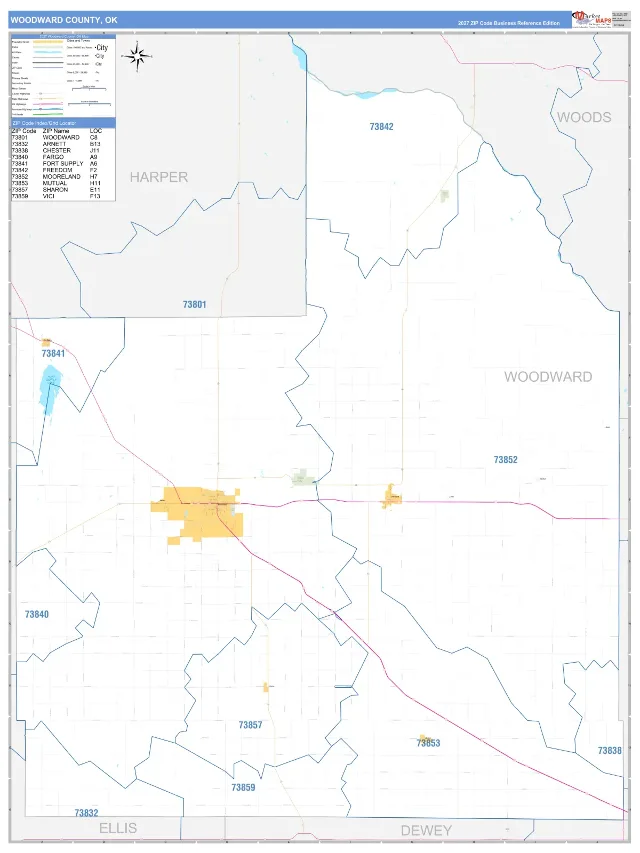 Woodward County, OK ZIP Code Wall Map, Business Reference style