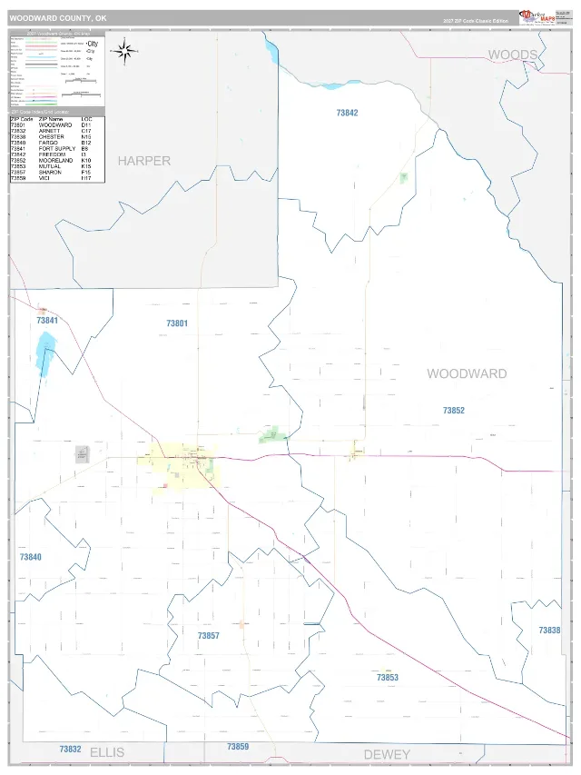 Woodward County, OK ZIP Code Wall Map, Classic style